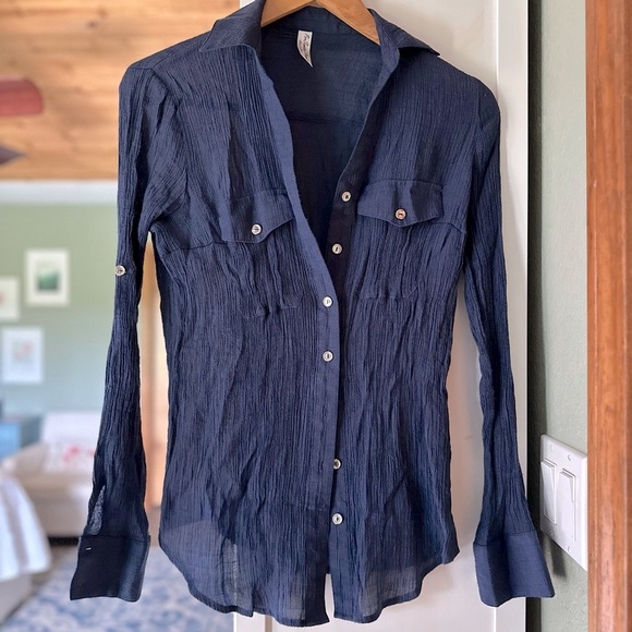 🥳3/$10 PerSeption Concept Navy Blue Crinkle Button Down Shirt S - Picture 1 of 9
